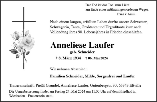 Traueranzeige von Anneliese Laufer von Wiesbadener Kurier