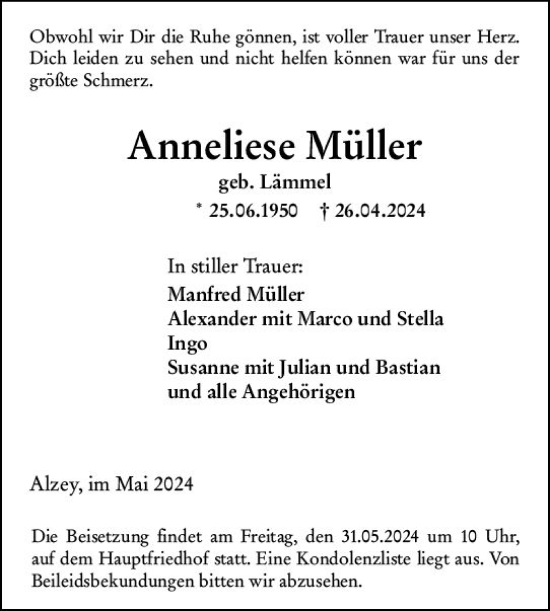 Traueranzeige von Anneliese Müller von Allgemeine Zeitung Alzey