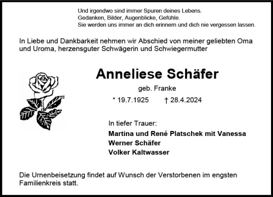 Traueranzeige von Anneliese Schäfer von Wiesbadener Kurier