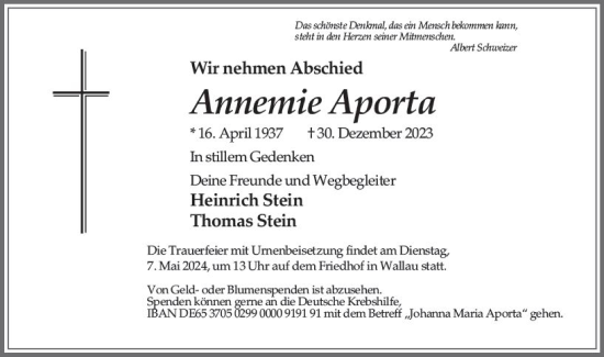 Traueranzeige von Annemie Aporta von Wiesbadener Kurier