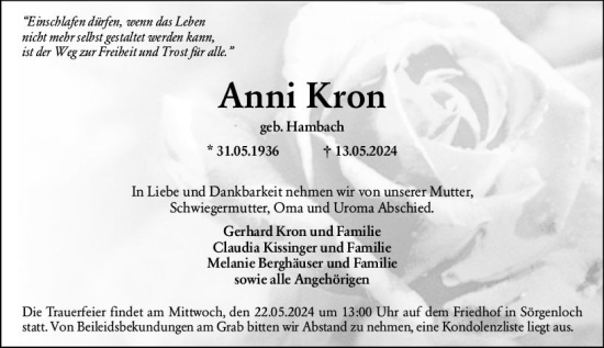 Traueranzeige von Anni Kron von Allgemeine Zeitung Mainz