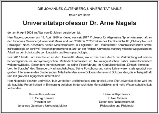 Traueranzeige von Arne Nagels von Allgemeine Zeitung Mainz