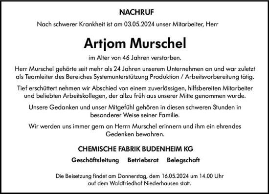 Traueranzeige von Artjom Murschel von Allgemeine Zeitung Bingen/Ingelheim