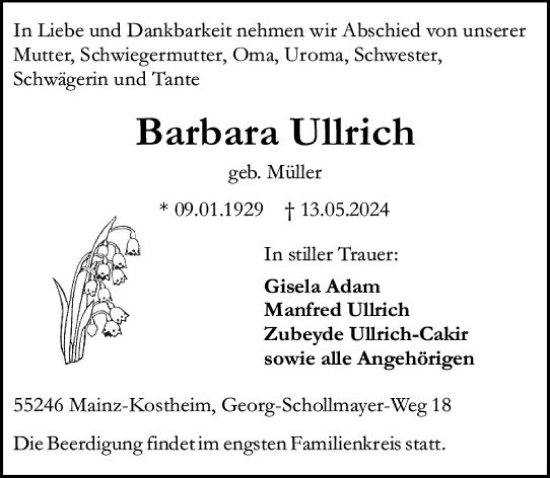 Traueranzeige von Barbara Ullrich von Allgemeine Zeitung Mainz
