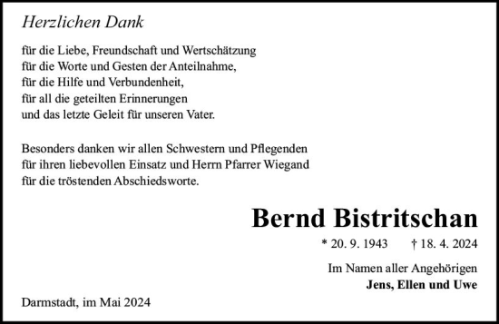 Traueranzeige von Bernd Bistritschan von Darmstädter Echo