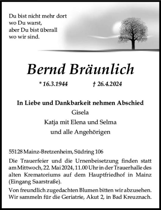 Traueranzeige von Bernd Bräunlich von Allgemeine Zeitung Mainz