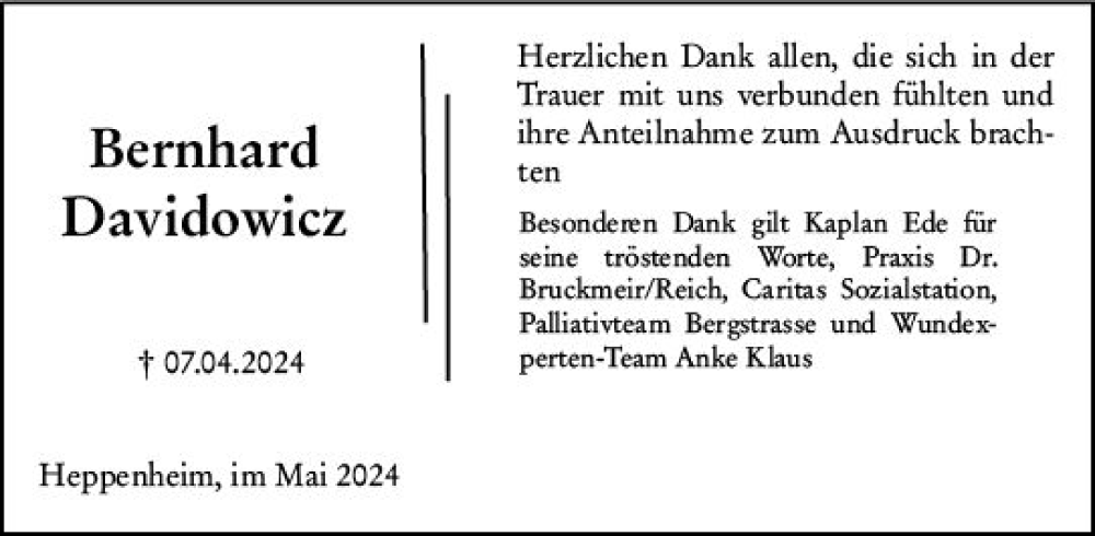  Traueranzeige für Bernhard Davidowicz vom 04.05.2024 aus Starkenburger Echo
