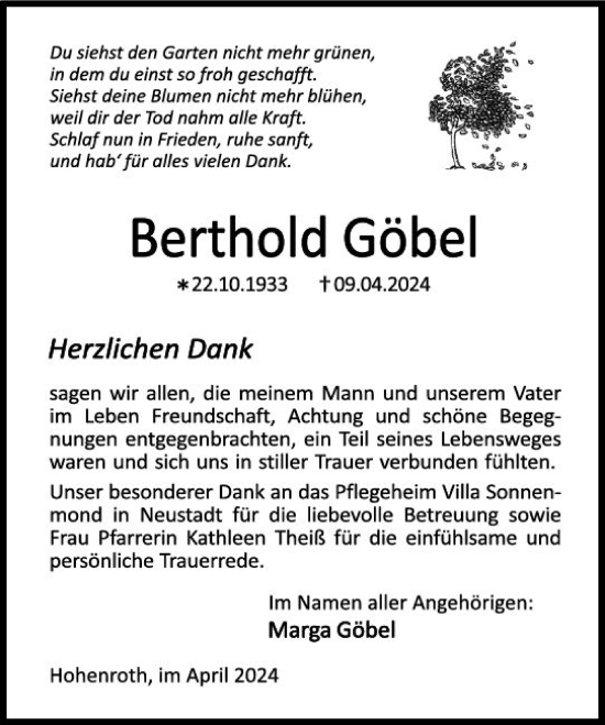Traueranzeige von Berthold Göbel von Dill Block