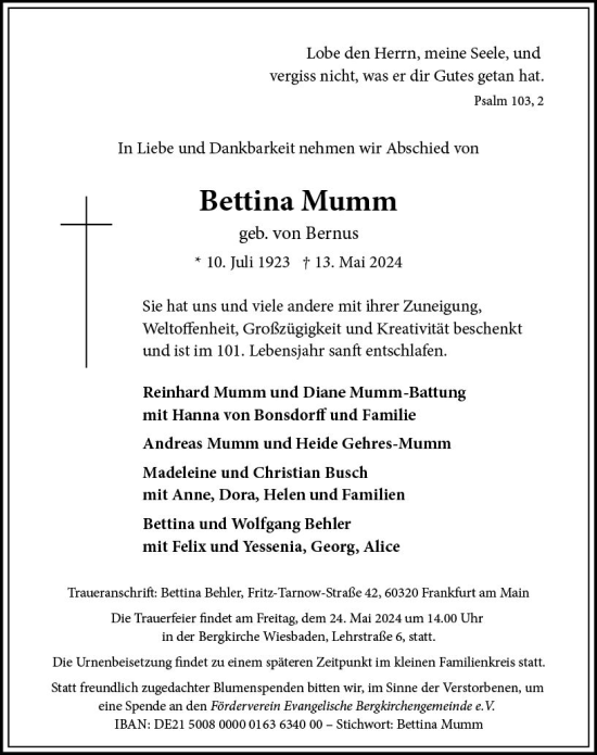 Traueranzeige von Bettina Mumm von Wiesbadener Kurier