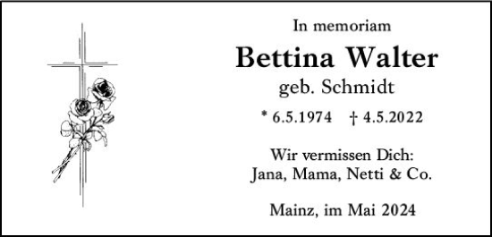 Traueranzeige von Bettina Walter von Allgemeine Zeitung Mainz