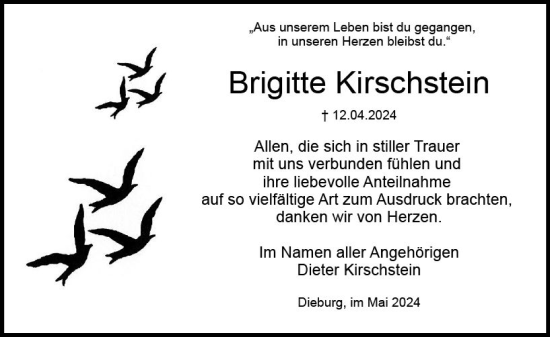 Traueranzeige von Brigitte Kirschstein von Dieburger Anzeiger/Groß-Zimmerner Lokal-Anzeiger