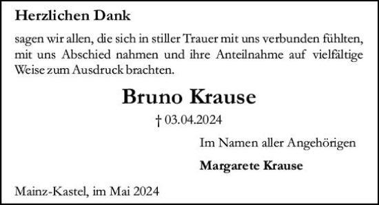 Traueranzeige von Bruno Krause von Allgemeine Zeitung Mainz