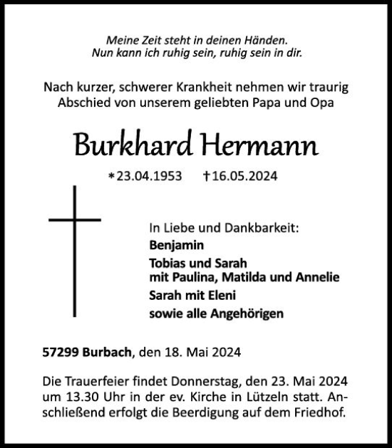 Traueranzeige von Burkhard Hermann von Dill Block