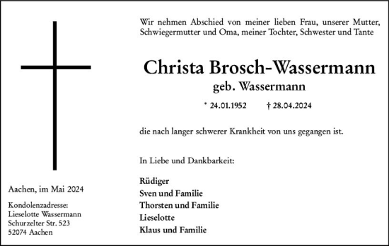 Traueranzeige von Christa Brosch-Wassermann von Hinterländer Anzeiger
