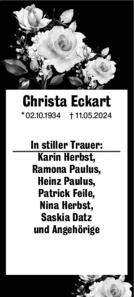 Traueranzeige von Christa Eckart von Allgemeine Zeitung Mainz