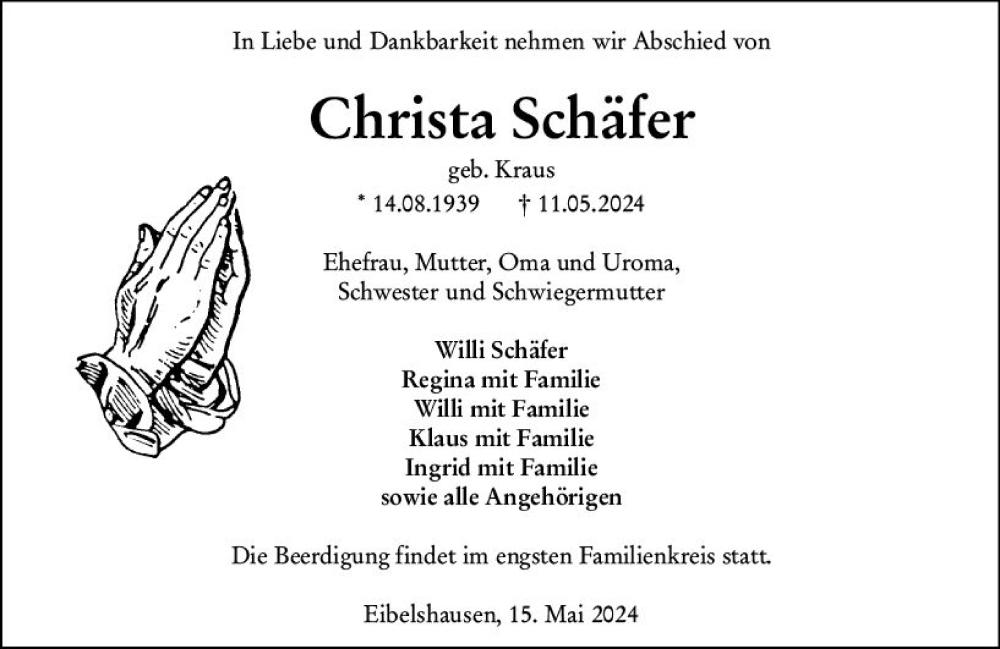  Traueranzeige für Christa Schäfer vom 15.05.2024 aus Dill Block