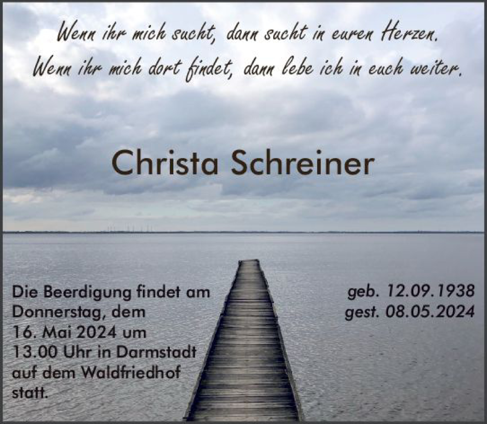  Traueranzeige für Christa Schreiner vom 11.05.2024 aus Darmstädter Echo