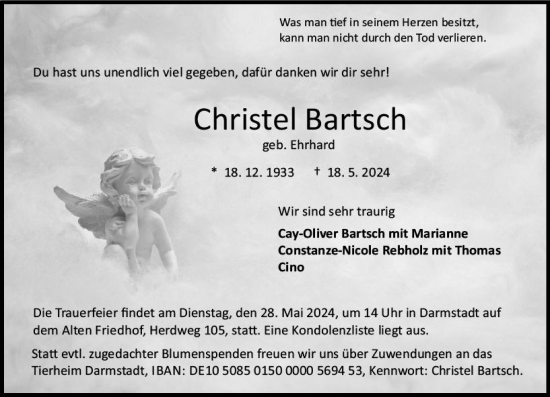 Traueranzeige von Christel Bartsch von Darmstädter Echo