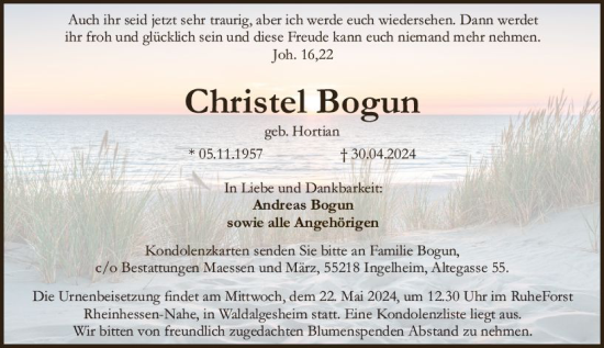 Traueranzeige von Christel Bogun von Allgemeine Zeitung Bingen/Ingelheim