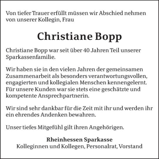 Traueranzeige von Christiane Bopp von Allgemeine Zeitung Alzey