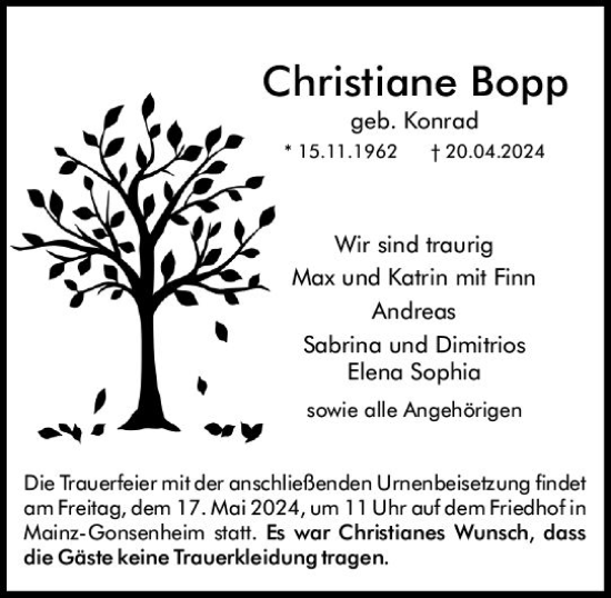 Traueranzeige von Christiane Bopp von Allgemeine Zeitung Mainz