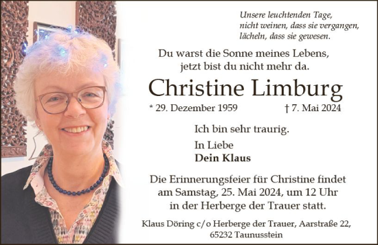 Traueranzeige von Christine Limburg von Wiesbadener Kurier