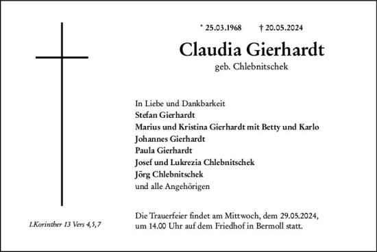 Traueranzeige von Claudia Gierhardt von Wetzlarer Neue Zeitung