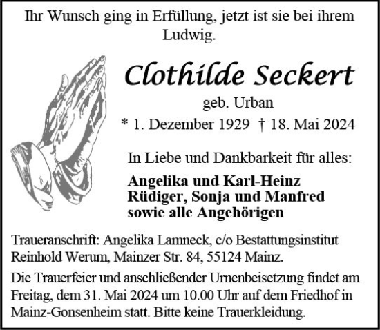 Traueranzeige von Clothilde Seckert von Allgemeine Zeitung Mainz