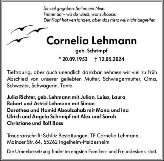 Traueranzeige von Cornelia Lehmann von Allgemeine Zeitung Bingen/Ingelheim