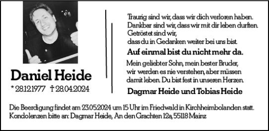 Traueranzeige von Daniel Heide von Allgemeine Zeitung Mainz