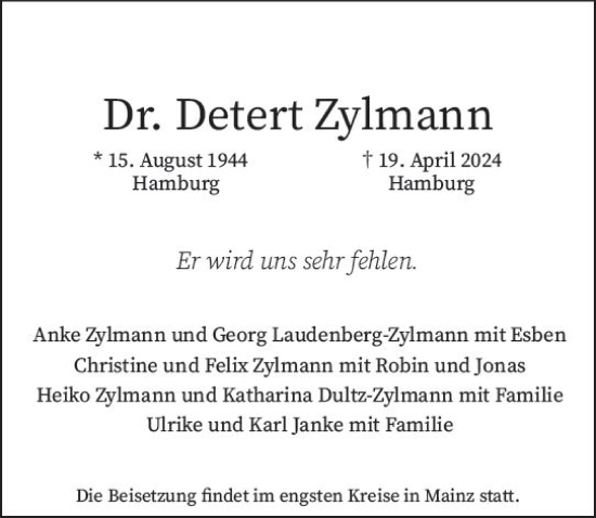 Traueranzeige von Detert Zylmann von Allgemeine Zeitung Mainz