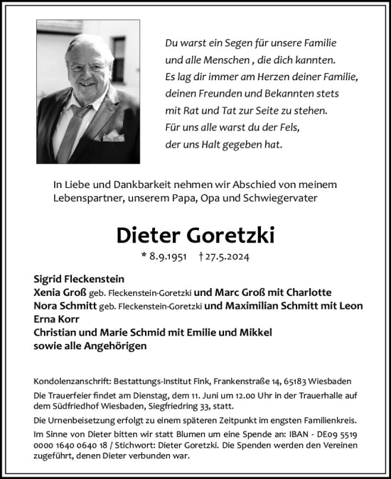 Traueranzeige von Dieter Goretzki von Allgemeine Zeitung Mainz