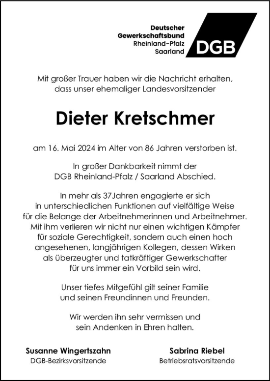 Traueranzeige von Dieter Kretschmer von Allgemeine Zeitung Mainz