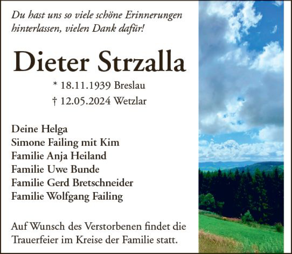  Traueranzeige für Dieter Strzalla vom 01.06.2024 aus Wetzlarer Neue Zeitung