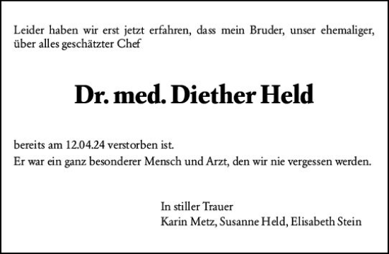 Traueranzeige von Diether Held von Wiesbadener Kurier