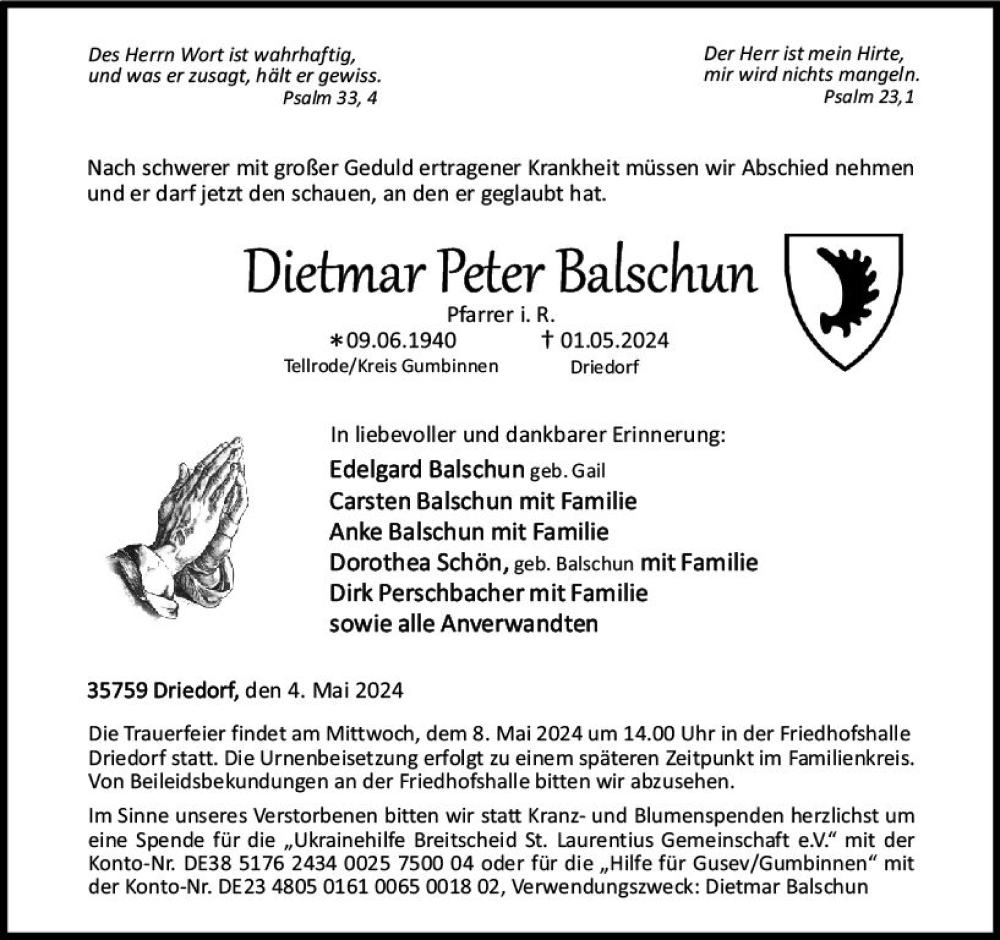  Traueranzeige für Dietmar Peter Balschun vom 04.05.2024 aus Dill Block
