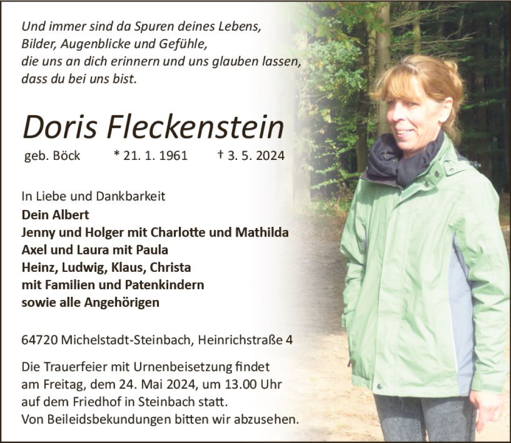  Traueranzeige für Doris Fleckenstein vom 18.05.2024 aus Odenwälder Echo