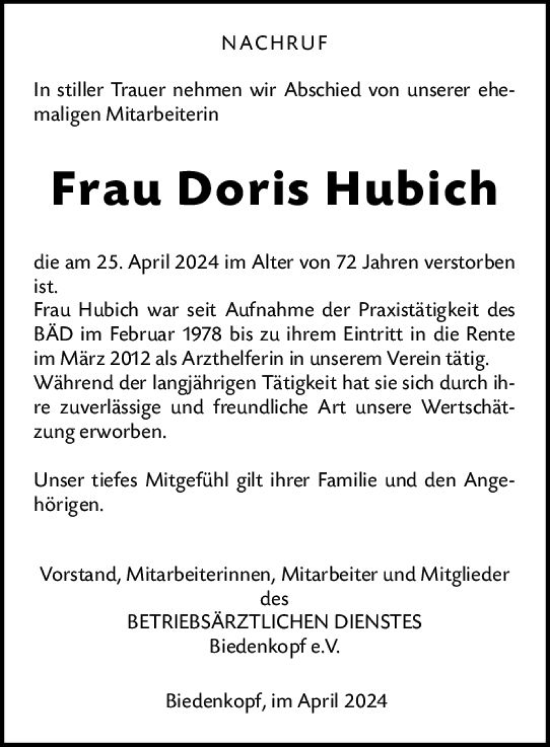 Traueranzeige von Doris Hubich von Hinterländer Anzeiger