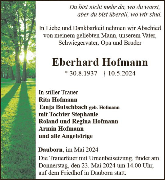 Traueranzeige von Eberhard Hofmann von Nassauische Neue Presse