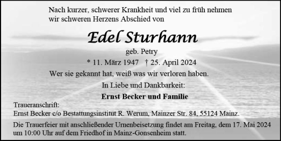 Traueranzeige von Edel Sturhann von Allgemeine Zeitung Mainz