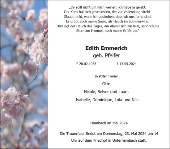 Traueranzeige von Edith Emmerich von Starkenburger Echo