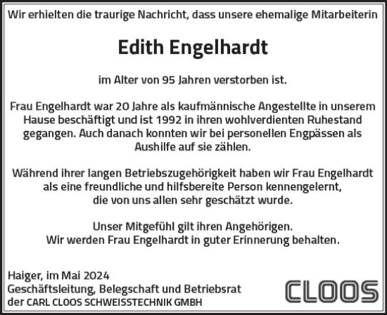 Traueranzeige von Edith Engelhardt von Dill Block