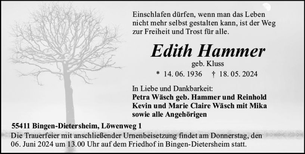  Traueranzeige für Edith Hammer vom 01.06.2024 aus Binger-/Ingelheimer Wochenblatt