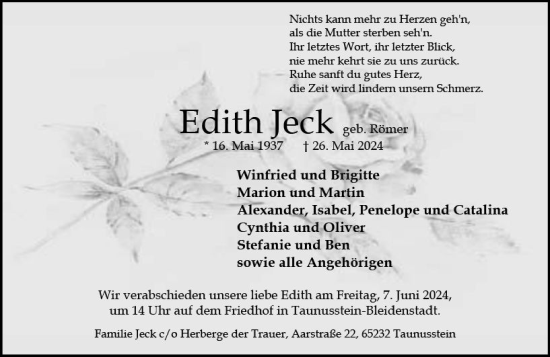 Traueranzeige von Edith Jeck von Wiesbadener Kurier