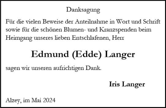 Traueranzeige von Edmund  Langer von Allgemeine Zeitung Alzey