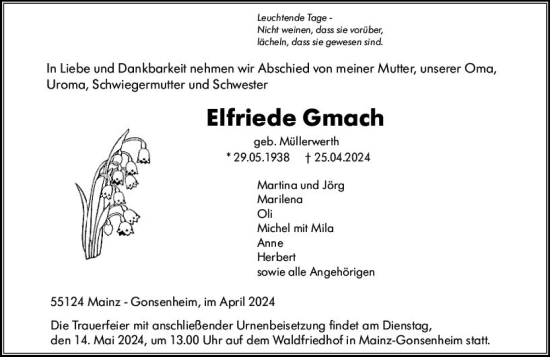 Traueranzeige von Elfriede Gmach von Allgemeine Zeitung Mainz