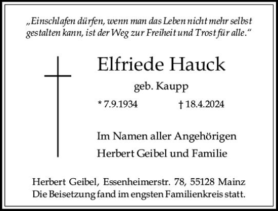 Traueranzeige von Elfriede Hauck von Allgemeine Zeitung Mainz