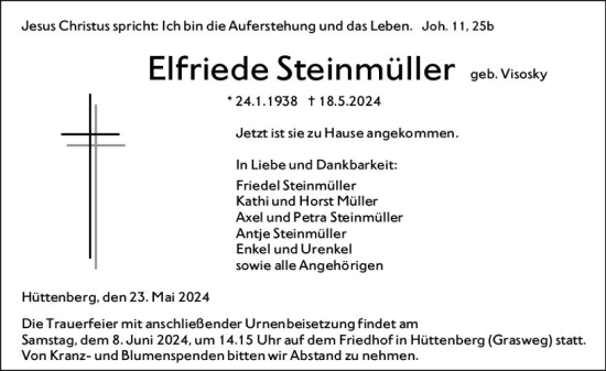 Traueranzeige von Elfriede Steinmüller von Wetzlarer Neue Zeitung