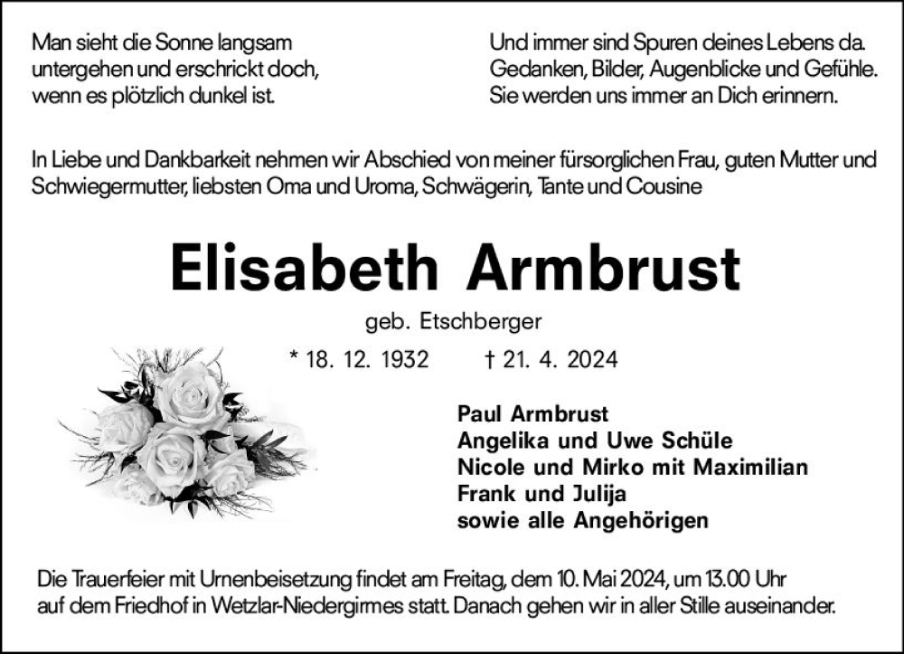  Traueranzeige für Elisabeth Armbrust vom 04.05.2024 aus Wetzlarer Neue Zeitung