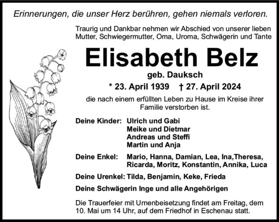 Traueranzeige von Elisabeth Belz von Weilburger Tageblatt